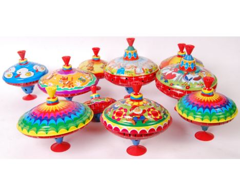 A collection of 10x assorted LBZ Lorenz Bolz Zindorf retro vintage German&nbsp;tin plate litho printed spinning / humming top