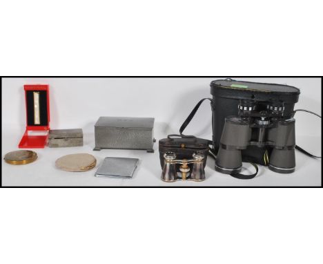 A collection of items to include a cased pair of Miranda binoculars, a tin cased Gillette vintage razor, pewter desk top ciga