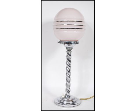 A early 20th Century 1930's Art Deco chrome table lamp having a spherical pink glass shade with silvered ribbed decoration. R