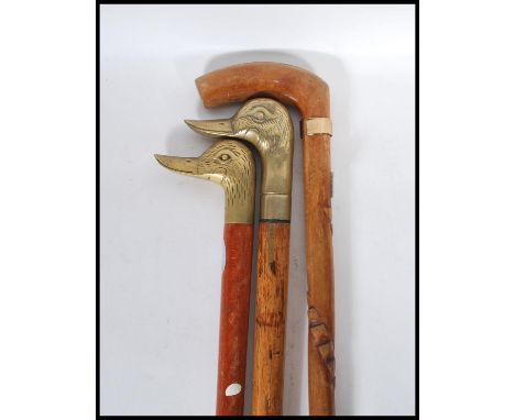 A group of three vintage 20th Century walking stick canes, two having brass duck head handles, the other having carved traile