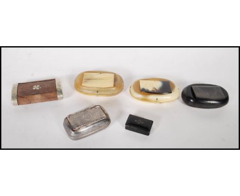 A small group of 20th Century snuff boxes to include three horn examples (two light and one dark in colour), small ebony snuf