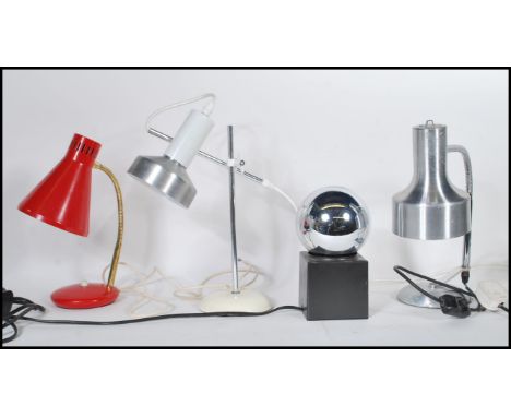 A group of retro 20th Century table lamps to include an aluminum gooseneck Mac lamp raised on a circular base and another sim