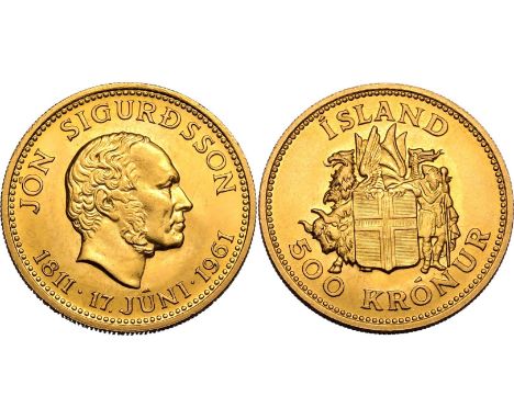 ICELAND. Republic, 1944-date. Gold 500 kronur, 1961. Royal Mint (Tower Hill). 150th Anniversary of the Birth of Jón Sigurðsso