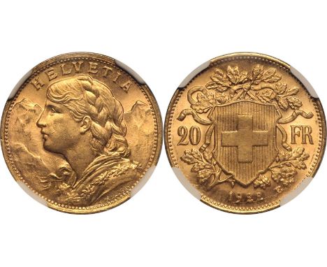 SWITZERLAND. Gold 20 francs, 1922. Bern. Bust portrait of a female personification of Helvetia facing left; Alps in backgroun