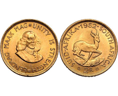 SOUTH AFRICA. Gold 2 rand, 1962. Pretoria. Obv: UNITY IS STRENGTH * EENDRAG MAAK MAG *, Portrait of Jan van Riebeeck 1/4 righ