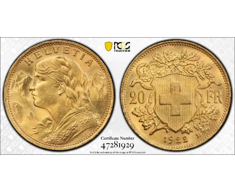 SWITZERLAND. Gold 20 francs, 1922. Bern. Bust portrait of a female personification of Helvetia facing left; Alps in backgroun