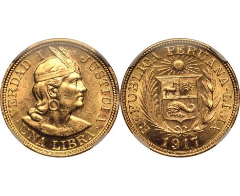 PERU. Gold 1 libra, 1917. Lima. Wreath around coat of arms with legend around, date below; "REPUBLICA PERUANA - LIMA 1917 / P