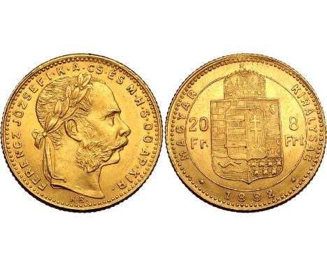 HUNGARY. Gold 20 francs, 1882 KB. Kremnica. I Ferenc József. Bust of Franz Joseph I right, FERENCZ JÓZSEF I ·K · A · CS · ÉS 