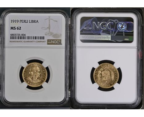 PERU. Gold 1 libra, 1919. Lima. Wreath around coat of arms with legend around, date below; "REPUBLICA PERUANA - LIMA 1919 / P