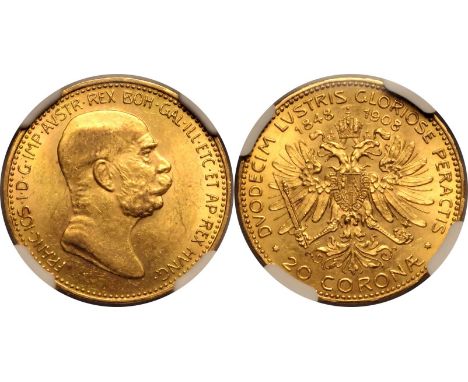 AUSTRIA. HABSBURG. Franz Joseph I. Gold 20 corona, 1908. 60th Anniversary of the Reign of Franz Joseph IAged portrait facing 