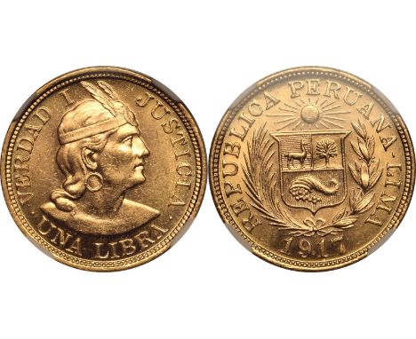 PERU. Gold 1 libra, 1917. Lima. Wreath around coat of arms with legend around, date below; "REPUBLICA PERUANA - LIMA 1917 / P