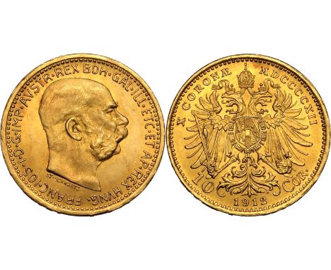 AUSTRIA. HABSBURG. Franz Joseph I, 1848-1916. Gold 10 corona, 1912. Vienna. Bare headed aged portrait right, legend around. /