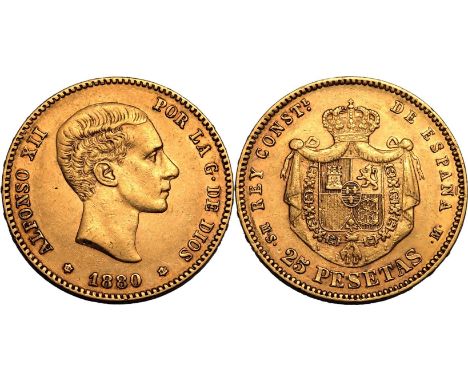SPAIN. Alfonso XII, 1874-1885. Gold 25 pesetas, 1880 MSM. Madrid. Alfonso XII. Young head right, date below between stars, AL