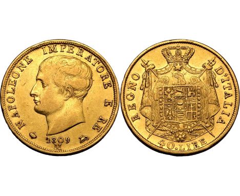 ITALY. NAPOLEONIC KINGDOM. Gold 40 lire (40), 1809 M. Milan. Napoleon I. bust of Napoleon facing left with the date below, NA