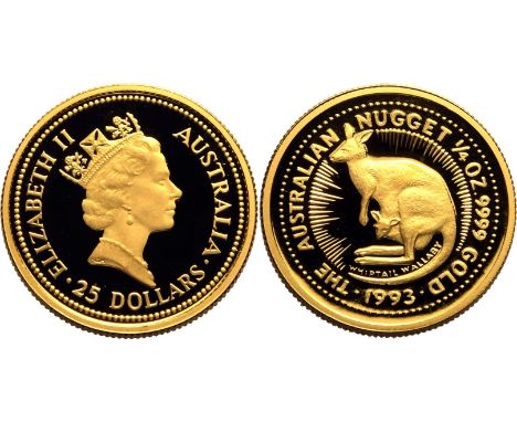 AUSTRALIA. Elizabeth II, 1952-2022. Gold 25 dollars, 1993. Perth. Proof. The Australian Nugget - Gold KangarooThird portrait 
