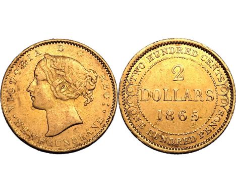 CANADA. NEWFOUNDLAND. Gold 2 dollars, 1865. Royal Mint (Tower Hill). Victoria. Portrait of Queen Victoria facing left, VICTOR