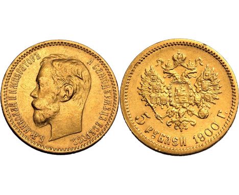 RUSSIA. Nikolai II, 1894-1917. Gold 5 roubles, 1900 Ф3. Saint Petersburg Mint. Portrait of Emperor Nicholas II facing left, l