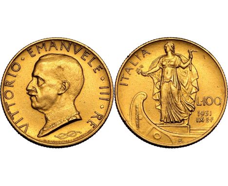 ITALY. Gold 100 lire (100 itl), 1931 R. Vittorio Emanuele III. King Vittorio Emanuele III facing left; below the Savoy Knot a