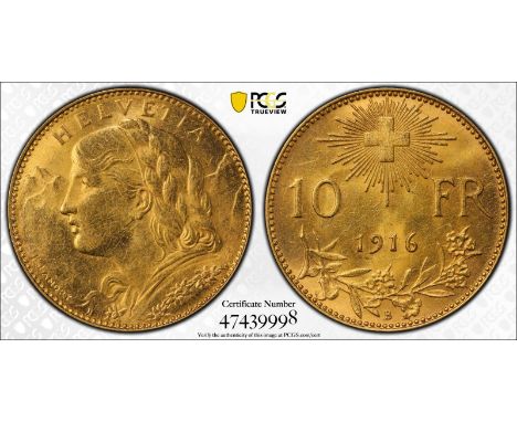 SWITZERLAND. Gold 10 francs, 1916. Bust portrait of a woman facing left before mountains. Inscription: Helvetia. Design by F.