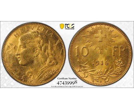 SWITZERLAND. Gold 10 francs, 1916. Bust portrait of a woman facing left before mountains. Inscription: Helvetia. Design by F.