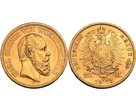 GERMANY. WüRTTEMBERG. Karl I. Gold 20 mark, 1873 F. Stuttgart. Bust facing right, KARL KOENIG VON WUERTTEMBERG. / Crowned imp