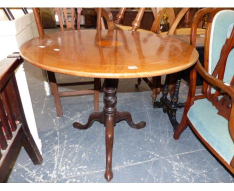 A 19th.C.MAHOGANY AND INLAID TRIPOD BIRDCAGE TILT TOP TABLE ON TURNED COLUMN SUPPORT.   Dia.89 x H.72cms.