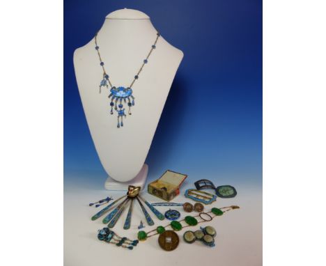 A SELECTION OF ORIENTAL BLUE ENAMELLED JEWELLERY TOGETHER WITH AN IVORY AND WHITE METAL FISH BROOCH, SIX ORIENTAL ENAMELLED W