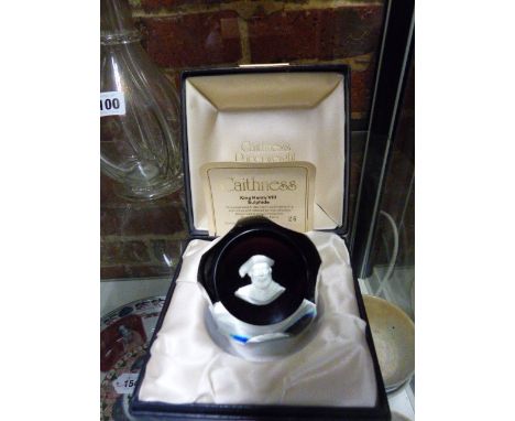 TWO CAITHNESS BOXED PAPERWEIGHTS.&nbsp; HENRY VIII SULPHIDE AND SPACE FLOWER TOGETHER WITH A FOUR SECTION DECANTER (3)