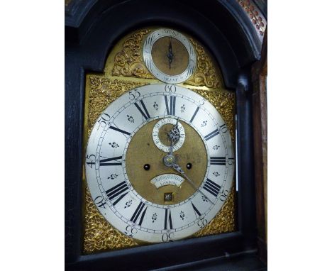 JOHN HALLIFAX, LONDON.&nbsp; AN EBONISED LONG CASE CLOCK, THE BRASS DIAL (30x30cms) WITH STRIKE/SILENT DIAL IN THE ARCH, THE 