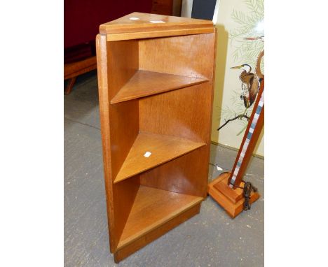 A SMALL G-PLAN TEAK CORNER STAND.   H.84cms TOGETHER WITH A MID CENTURY STONE INSET STANDARD LAMP.  (2)