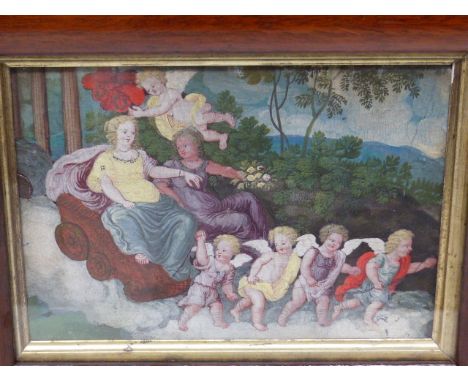 OLD MASTER SCHOOL.   A CHARIOT CARRYING TWO LADIES DRAWN BY AMORINI OVER CLOUDS AWAY FROM A LANDSCAPE WITH CLASSICAL COLUMNSA