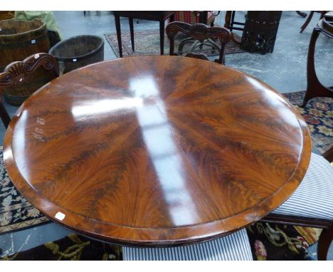 A VICTORIAN FLAME MAHOGANY CIRCULAR BREAKFAST TABLE, THE TOP WITH VENEERS RADIATING ABOVE THE COLUMN, THE TRIPOD BELOW WITH T