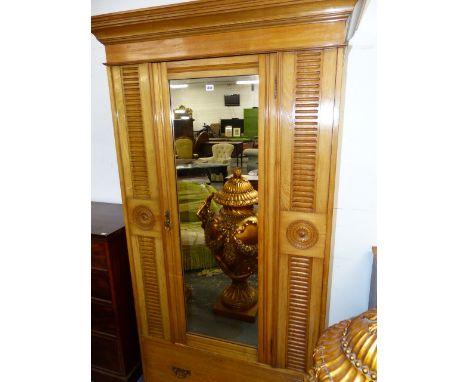 A VICTORIAN ASH WARDROBE WITH SINGLE MIRROR DOOR OVER DRAWERS AND PLINTH BASE.   106 x 59 x H.208cms.