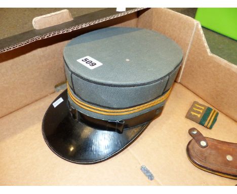 A VINTAGE SWISS? PEAKED HAT, POSSIBLY  POLICE TOGETHER WITH A GROUP OF MILITARY LEATHER ACCOUTREMENTS.  (QTY)