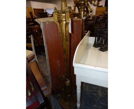 A GILTWOOD NEO CLASSIC STYLE STANDARD LAMP, CARVED CYLINDRICAL COLUMN TAPERING TO THREE FOLIAGE FEET.&nbsp; &nbsp;H.178cms.