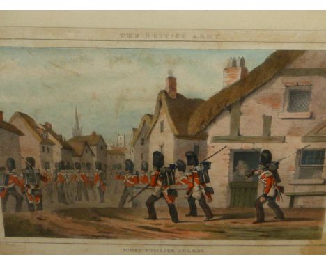 AN ANTIQUE HAND COLOURED PRINT OF SCOTS FUSILLIER GUARDS, ANOTHER OF A BRITISH NAVAL SUBJECT TOGETHER WITH TWO OF TROOPS ON P
