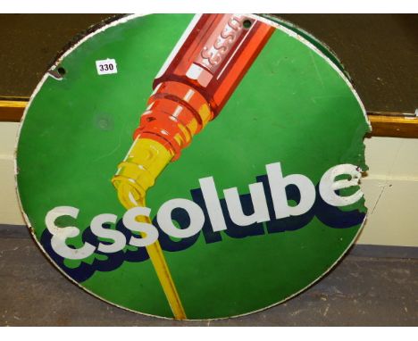 A RARE CIRCULAR ESSOLUBE DOUBLE SIDED ADVERTISING ENAMEL SIGN.   Dia.66cms.