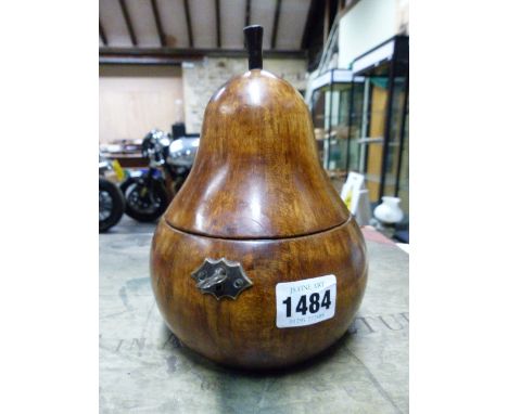 A TREEN PEAR SHAPED TEA CADDY WITH LOCK AND KEY.   H.19cms.