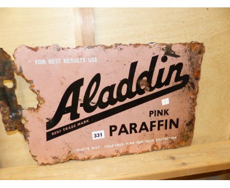 A DOUBLE SIDED ALADDIN PINK PARAFIN ADVERTISING ENAMEL SIGN.   45 x 29cms.