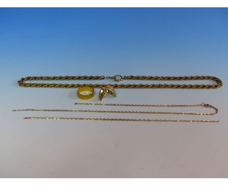 A 9ct GOLD ROPE NECKLACE (LENGTH 54cms) AND A GOLD PENDANT CHAIN, A 9ct GOLD DOUBLE WISHBONE RING AND A 22ct GOLD WEDDING RIN