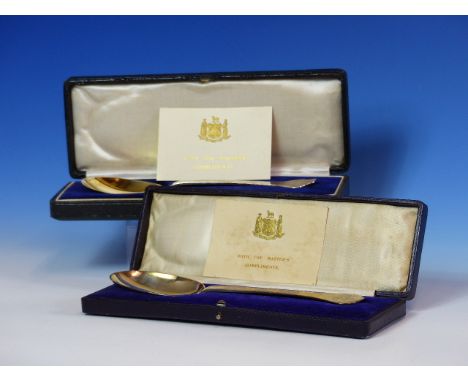 TWO CASED SILVER PRESENTATION TREFID SPOONS, ONE OF BRITANNIA STANDARD BY BARNARD BROS., LONDON 1920 AND THE OTHER BY WILLIAM