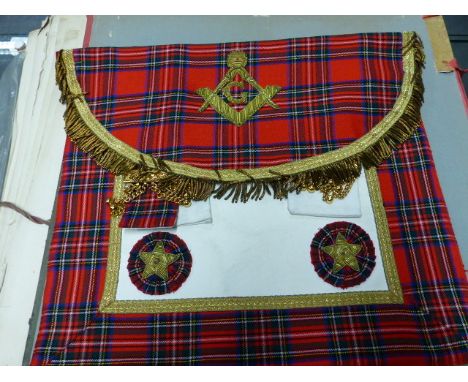 D M GOUDIELOCK Ltd.,GLASGOW.  A TARTAN BORDERED MASONIC APRON AND SASH, THE FORMER WITH THE INITIAL G, THE LETTER WITH GOLD T