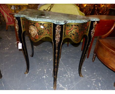 A VARIEGATED GREEN MARBLE TOP BOULLE STYLE CONSOLE TABLE APPLIED WITH A MASK CENTRAL TO THE APRON, ON CABRIOLE LEGS.&nbsp; &n