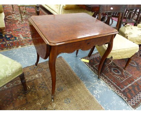 AN ANTIQUE FRENCH MAHOGANY CARVED LOUIS XV STYLE SMALL SOFA OR CENTRE TABLE WITH DROP LEAVES AND APRON DRAWER. OPEN W.118 x H