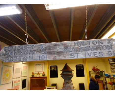 A VINTAGE WOODEN ROADSIGN, HILTON, FENSTANTON, ST.IVES, ELTISLEY, GAMLING-GAY, POTTON.   W.140cms.
