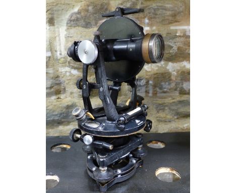 A VINTAGE MAHOGANY CASED SURVEYOR'S LEVEL THEODOLITE BY R.WATTS, LONDON TOGETHER WITH AN ASSOCIATED MAHOGANY AND BRASS TRIPOD