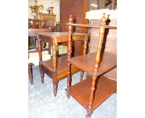 A MAHOGANY THREE TIER ETAGERE AND ANOTHER OF TWO RECTANGULAR TIERS, THE FIRST SUPPORTED BY BALUSTER TURNED COLUMN ABOVE BROWN