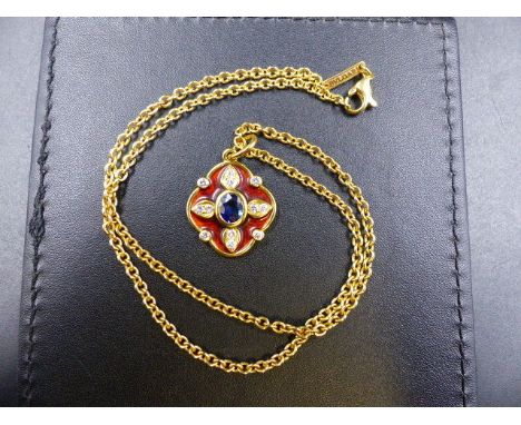 AN 18ct GOLD SAPPHIRE, DIAMOND AND RED ENAMEL PENDANT SUSPENDED ON AN 18ct BULGARI BELCHER NECKLACE. LENGTH 44cms. 