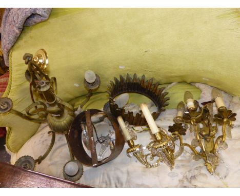 A  BRASS SIX LIGHT CHANDELIER, A CYLINDRICAL CEILING LIGHT WITH FLARED PETAL SHADE AND TWO GILT METAL WALL LIGHTS HUNG WITH G