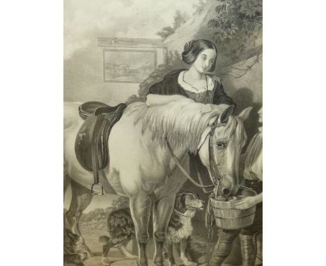 A VICTORIAN PRINT ENTITLED THE HALT IN MAPLE FRAME.   70 x 54cms.